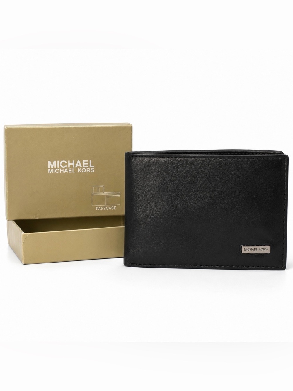 Michael Kors Men’s Black Textured Genuine Leather Passcase Bifold Wallet NEW